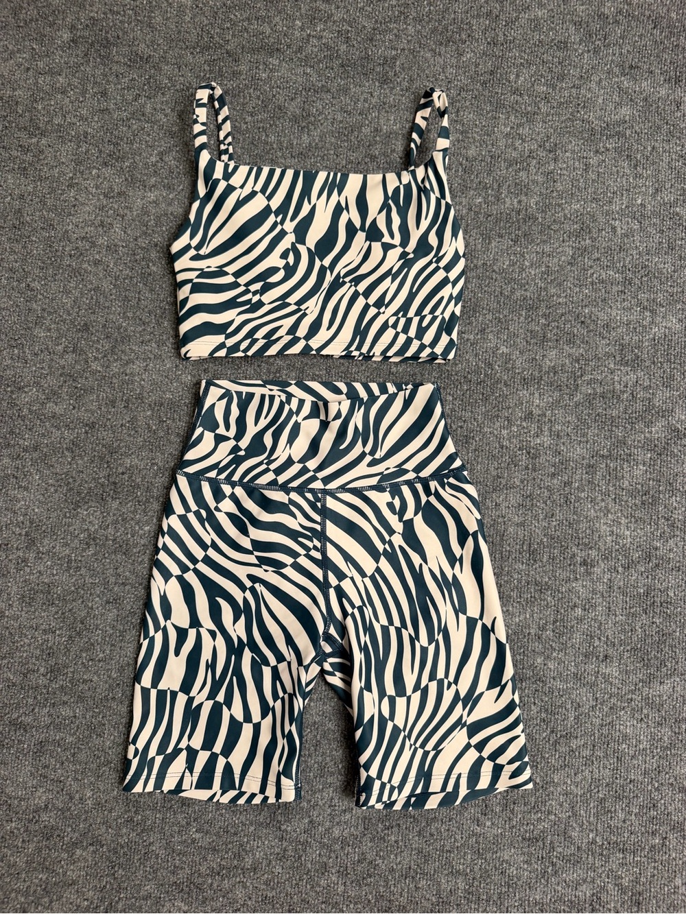 Sage Cream & Dark Teal Zebra-Print Crop Tank and High-Waist Biker Shorts